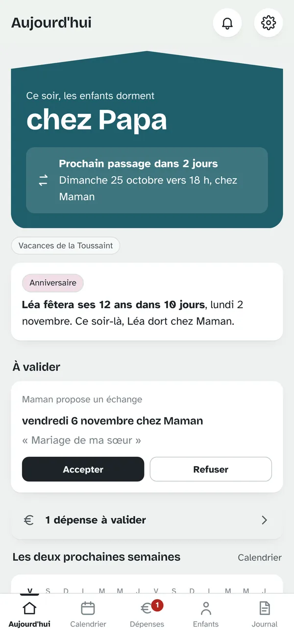 Écran Aujourd'hui : ce soir, les enfants dorment chez Papa ; prochain passage dans deux jours.