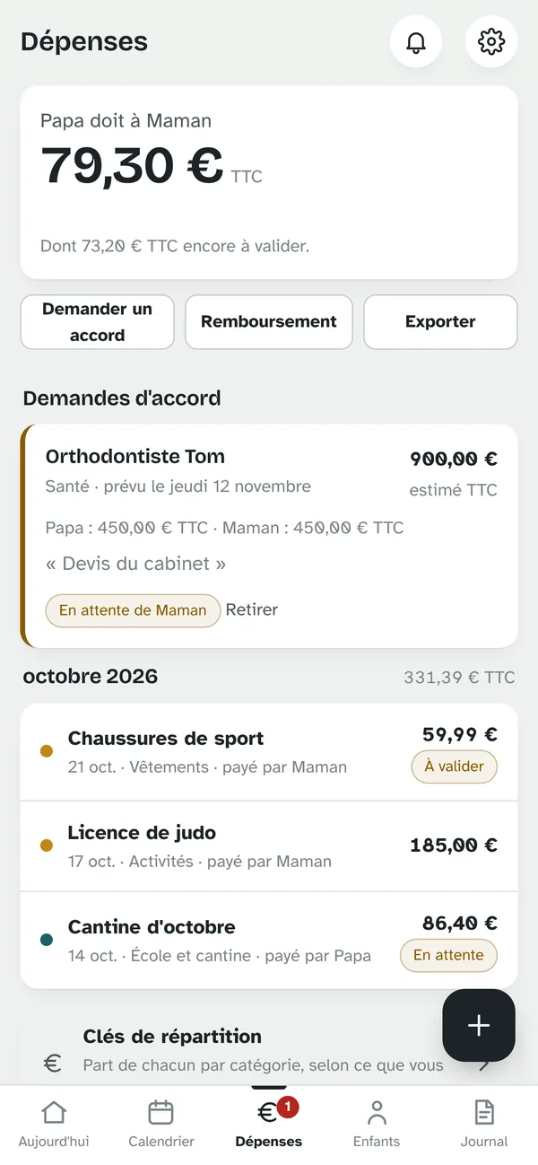 Dépenses partagées : solde, demande d'accord pour un orthodontiste, dépenses à valider.